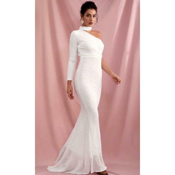 White Sequin Long Sleeve One Shoulder Mock Neck Bodycon Mermaid Maxi Dress NWT - Picture 5 of 8